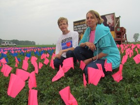 Elizabeth Van Den Assem, left, and Diana Alblas were part of a We Need A Law demonstration that set up 10,000 pink and blue flags along Oil Heritage Line on Saturday August 29, 2015 in Plympton-Wyoming, Ont. Volunteers were expected to be at the display until 6 p.m. Saturday to talk to the public their call for an abortion law in Canada. Paul Morden/Sarnia Observer/Postmedia Network