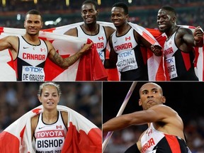 It was a big day for Canada at the world track and field championships in Bejing on Saturday. Andre De Grasse, Brendon Rodney, Aaron Brown and Justyn Warner won bronze in the men's 4x100m relay (top), while Melissa Bishop took home silver in the women's 800 metres (bottom left) and Damian Warner earned a silver in the decathlon. (AP Photos)