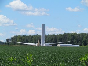 Sections of a wind turbine sit waiting to be assembled on Aberarder Line earlier this month in Plympton-Wyoming, Ont. A worker involved in the 46-turbine Cedar Point wind project in Lambton County was taken to hospital following an incident on Aug. 28, 2015. (Paul Morden, The Observer)