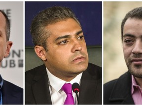 A combination of file pictures made on August 29, 2015 shows Al-Jazeera's Egyptian producer Baher Mohamed (R), Al-Jazeera's Egyptian-Canadian reporter Mohamed Fahmy (C) and Australian journalist Peter Greste. An Egyptian court sentenced Fahmy and Mohamed, along with Australian journalist Peter Greste who was tried in absentia after his deportation early this year, to three years in prison in a shock ruling following global demands for their acquittal. (AFP PHOTO / BEN STANSALL / KHALED DESOUKI)