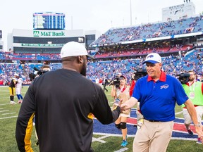Head coach Rex Ryan of the Buffalo Bills, right, shakes the hand of head coach Mike Tomlin of the Pittsburgh Steelers after a preseason game on August 29, 2015 at Ralph Wilson Stadium in Orchard Park, New York. Buffalo defeats Pittsburgh 43-19.  Brett Carlsen/Getty Images/AFP