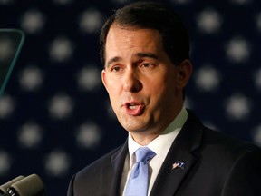 Republican presidential candidate, Wisconsin Gov. Scott Walker, gives a foreign policy speech on the campus of The Citadel, Friday, Aug. 28, 2015, in Charleston, S.C. (AP Photo/Mic Smith)