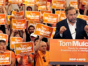 Federal NDP Leader Tom Mulcair speaks to supporters during a rally in Halifax on Sunday, Aug.30, 2015. (THE CANADIAN PRESS/Darren Pittman)