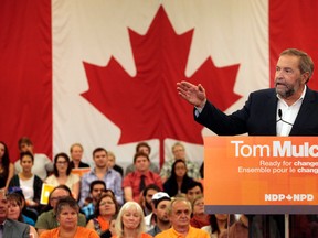 Federal NDP Leader Tom Mulcair speaks to supporters during a rally in Halifax on Sunday, Aug.30, 2015. THE CANADIAN PRESS/Darren Pittman