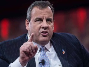 In this February 26, 2015 file photo, New Jersey Governor and Republican presidential candidate Chris Christie addresses the annual  Conservative Political Action Conference (CPAC) at National Harbor, Maryland.  Christie on August 30, 2015 defended his controversial proposal to keep tabs on immigrants electronically the way FedEx tracks packages. In an interview with Fox News Sunday, Christie denied he was suggesting "people are packages. Don't be ridiculous." "Let's use the same type of technology to make sure that 40% of the 11 million people here illegally don't overstay," he said. Immigration has emerged as a dominant issue in the Republican race since billionaire and frontrunner Donald Trump launched his campaign in June with incendiary accusations that Mexican immigrants were drug traffickers and rapists.  AFP PHOTO/NICHOLAS KAMM/FILES