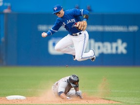 Blue Jays shortstop Troy Tulowitzki is upset about this slide — late, and nowhere near second base — by Anthony Gose of the Detroit Tigers on Saturday. “Hopefully, it won’t happen again,” Tulowitzki said of the slide. (DARREN CALABRESE/The Canadian Press)