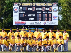 Submitted photo: A dedication ceremony was held on Sunday to unveil a new scoreboard at VanDamme Park in Port Lambton. The scoreboard is in honour of Jim Johnston, a longtime baseball coach, umpire and fan, who died in December.