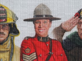 The third of four murals to be painted throughout Vermilion honours firefighters, RCMP officers and veterans. The two middle figures are generic paintings, while the middle RCMP officer is Sgt. Roxane Baalim, a highly successful officer who rose to prominence throughout her lengthy career. The muralist, Barry Overn, will paint the fourth mural on the west wall of the Bargain Shop. It will honour Communities in Bloom.