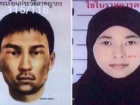 These images released Monday, Aug. 31, 2015, by the National Council for Peace and Order (NCPO) show a sketch of an unidentified man (left) and Wanna Suansun who police say were living in the second apartment which was raided by authorities in Min Buri, in Bangkok's outskirts, and where police found fertilizer, gun powder, digital clocks and remote-controlled cars whose parts can be used for detonation.  (National Council for Peace and Order via AP)