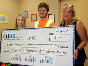 SARAH HYATT/THE INTELLIGENCER
Children's Mental Health Services is looking to help more families and kids in need, in a number of new ways. Pictured here, left to right are, Cassidy Hill, Dawson Whyte and Susan Sweetman at the CMHS office on Monday. Funds, totalling $4,000 raised from the Evan Hill Memorial Ball Hockey Tournament, will help CMHS to work with youth in Hastings/Prince Edward to develop better awareness tools and a prevention campaign. Cassidy is Evan's sister. Evan died by suicide in June. His friend, Whyte, organized the tournament in memorial of Evan. In the late fall, CMHS is also opening a walk-in counselling clinic.