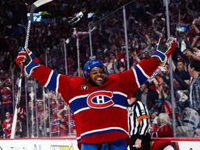 Montreal Canadiens forward Devante Smith-Pelly celebrates after scoring a playoff goal against the Tampa Bay Lightning at the Bell Centre in Montreal on May 9, 2015. (Eric Bolte/USA TODAY Sports)