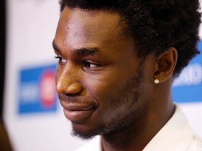 Canadian Andrew Wiggins, NBA Rookie of the year, took part in a basketball clinic with 50 kids at the Air Canada Centre in Toronto on August 16, 2015. (Michael Peake/Toronto Sun/Postmedia Network)