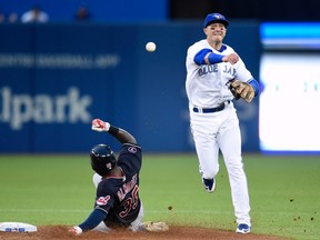 Blue Jays' Troy Tulowitzki (right) throws to first baseman Chris Colabello as Indians' Mike Aviles slides into second base after grounding into a double-play during third inning MLB action in Toronto on Monday, Aug. 31, 2015. (Frank Gunn/THE CANADIAN PRESS)