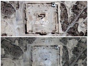 Combination picture shows the site of the Temple of Bel before (top) and after its apparent destruction in Palmyra, Syria, in this Aug. 27, 2015 and Aug. 31, 2015 handout satellite images provided by UrtheCast, Airbus DS, UNITAR-UNOSAT. (REUTERS/UrtheCast, Airbus DS, UNITAR-UNOSAT/Handout via Reuters)