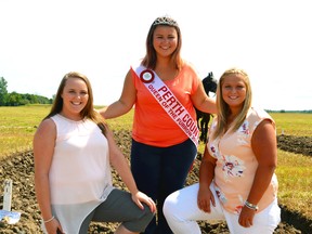 Perth County Queen of the Furrow candidate Hailey Jung (left) from Monkton, 2014 Queen of the Furrow Nicole Blowes, of Tavistock; and fellow candidate Samantha Meinen, of Russeldale, pose for a quick picture in the midst of all the excitement at the Perth County Plowing Match in Listowel Aug. 22. Jung went on to be named the 2015 Queen of the Furrow. GALEN SIMMONS/MITCHELL ADVOCATE