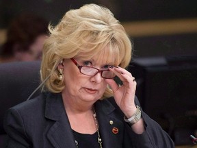 Senator Pamela Wallin, chair of the National Security and Defence committee, adjusts her glasses at the start of a meeting, Monday February 11, 2013 in Ottawa. A lawyer for Wallin says she has not heard anything from the RCMP after nearly two years of being under investigationTHE CANADIAN PRESS/Adrian Wyld