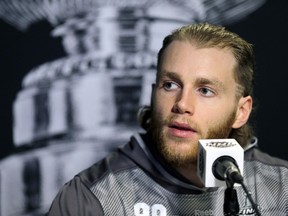 In this June 2, 2015, file photo, Chicago Blackhawks right wing Patrick Kane answers a question during media day for NHL hockey's Stanley Cup finals in Tampa, Fla.  (AP Photo/Chris O'Meara, File)