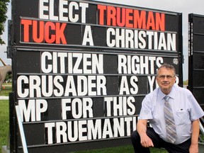 SARAH HYATT/THE INTELLIGENCER
Trueman Tuck, outside Tuck’s Paralegal Services on Highway 62, has thrown his hat into the ring to become the MP for the new Bay of Quinte riding, as a Judeo-Christian Independent Crusader for Citizen Rights.