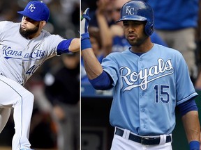 Royals pitcher Kelvin Herrera (left) and outfielder Alex Rios are out of the lineup after contracting chickenpox, the team announced on Tuesday, Sept. 1, 2015. (Getty Images/AFP/AP/Files)