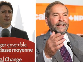 NDP Leader Tom Mulcair addresses New Democratic Party supporters in Saskatoon, Sask., on Monday August 31, 2015 and Liberal leader Justin Trudeau speaks during a news conference in Gatineau, Quebec, September 1, 2015. Canadians go to the polls in a national election on October 19, 2015. (THE CANADIAN PRESS/Josh Schaefer and REUTERS/Chris Wattie)