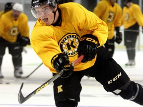 Kingston Frontenacs rookie forward Robbie Burt works out with Team Gold  at training camp at the Rogers K-Rock Centre on Tuesday. (Ian MacAlpine/The Whig-Standard)