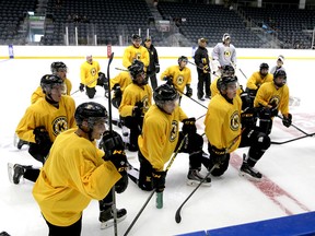 Members of Team Gold  at the Kingston Frontenacs training camp listen to head coach Paul McFarland's instructions at the Rogers K-Rock Centre on Tuesday. (Ian MacAlpine/The Whig-Standard)