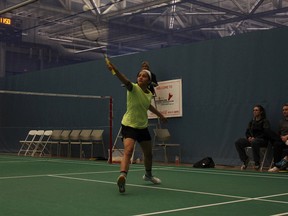 Reigning ACAC women's singles badminton champ Rachael Smillie shows her winning form (Supplied photo).