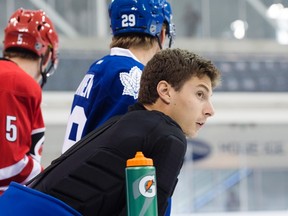 Montreal Canadiens' goaltender Zach Fucale rests on the bench during the NHLPA Rookie Showcase in Toronto on September 1, 2015. (THE CANADIAN PRESS/Darren Calabrese)