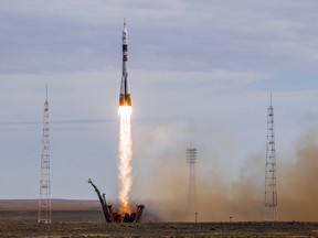 The Soyuz TMA-18M spacecraft carrying the crew of Aidyn Aimbetov of Kazakhstan, Sergei Volkov of Russia and Andreas Mogensen of Denmark blasts off from the launch pad at the Baikonur cosmodrome, Kazakhstan, September 2, 2015.  REUTERS/Shamil Zhumatov