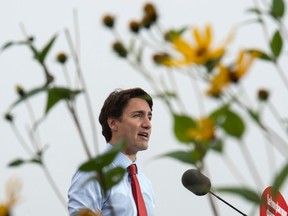 Liberal leader Justin Trudeau delivers remarks in a park in Trois-Rivieres, Que., on Sept. 2, 2015. (THE CANADIAN PRESS/Paul Chiasson)