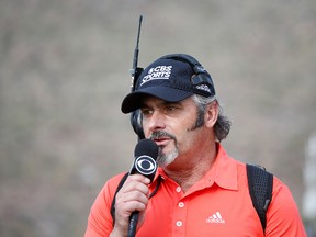 David Feherty reports on the action for CBS Sports during the quarterfinal round of the World Golf Championships - Accenture Match Play Championship at The Golf Club at Dove Mountain on February 22, 2014 in Marana, Arizona.  (Sam Greenwood/Getty Images/AFP)