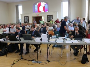 BRUCE BELL/THE INTELLIGENCER
It was a standing-room only crowd at Demorestville Town Hall for the first of three scheduled days of Environmental Review Tribunal hearings. The ERT is to consider if Gilead Power can avoid harming the native Blandings Turtle at the Ostrander Point site.