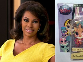 Fox News anchor Harris Faulkner (left) sued toymaker Hasbro Monday, Aug. 31, 2015, in federal court in New Jersey for more than US$5 million over a toy that shares her name.  (AP Photo/Richard Drew/Patsy Wilson/Hogan Lovells)