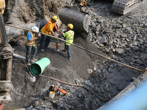 Jason Miller/The Intelligencer
Crews work to complete underground pipe replacements in the downtown revitalization project. Phase one is set for completion sometime in November.