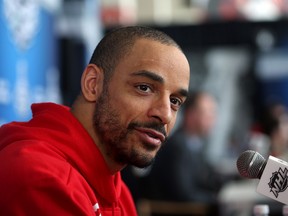 Bryce Salvador #24 of the New Jersey Devils speaks during Media Day for the 2012 Stanley Cup Final at Prudential Center on May 29, 2012 in Newark, New Jersey.   Bruce Bennett/Getty Images/AFP