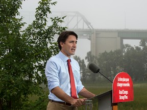 Liberal leader Justin Trudeau delivers remarks in a park Wednesday, September 2, 2015 in Trois-Rivieres, Que. THE CANADIAN PRESS/Paul Chiasson