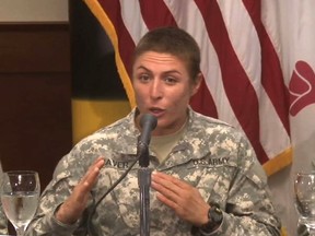 First Lieutenant Shaye Haver speaks during a roundtable meeting at Fort Benning, Georgia. Lieutenant Shaye Haver and Captain Kristen Griest will graduate on Friday as the first women combat leaders to pin the coveted Ranger tag on their uniform, trained to carry out airborne assaults. The first women to pass the grueling training course at the US Army's elite Ranger School said they hoped their success would open doors for women seeking jobs in frontline combat. (AFP PHOTO /US ARMY/HANDOUT)