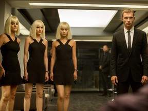 This photo provided by EuropaCorp/TF1 Films shows, Tatiana Pajkovic, from left, as Maria, Loan Chabonal, as Anna, Yu Wenxia, as Qiao, and Ed Skrein, as Frank Martin, in EuropaCorp's  "The Transporter Refueled." The film opens in U.S. theaters on Friday, Sept. 4, 2015. (Bruno Calvo/EuropaCorp/TF1 Films via AP)