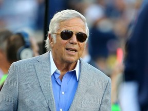 New England Patriots owner Robert Kraft looks on from the sideline during a preseason game against the Green Bay Packers at Gillette Stadium on August 13, 2015 in Foxboro, Massachusetts.   Maddie Meyer/Getty Images/AFP