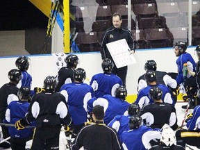 Sarnia Sting assistant coach Jeff Barratt explains a drill to the players during practice at RBC Centre on Thursday September 3, 2015 in Sarnia, Ont. (Terry Bridge, The Observer)