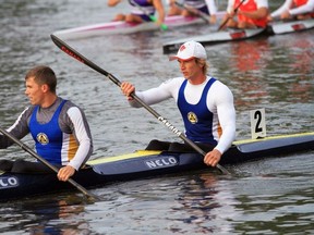From left, Keir Johnston won gold alongside Anatoly Mykhayletsky in the K2 500-metre race at the Canadian Sprint Canoe Kayak Championships. Johnston, a 23-year-old rower who has lived in Strathroy and Sarnia, competed for the Toronto-based Balmy Beach Canoe Club.  (Handout)