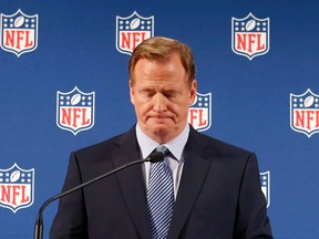 In this Sept. 19, 2014, file photo, NFL Commissioner Roger Goodell pauses as he speaks during a news conference in New York. A federal judge deflated "Deflategate" Thursday, Sept. 3, 2015, erasing New England quarterback Tom Brady's four-game suspension for a controversy that the NFL claimed threatened football's integrity. (AP Photo/Jason DeCrow, File)