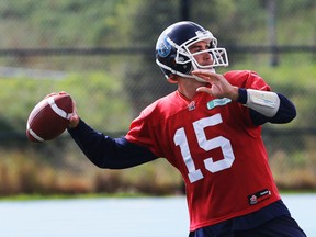 Ricky Ray throws during the Toronto Argonauts practice at their Downsview facility in Toronto, Ont. on Tuesday October 7, 2014. (Michael Peake/Toronto Sun/Postmedia Network)