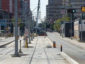 The view of the tracks is seen as an LRT approaches the MacEwan station on the southbound track during a media tour of the new Metro LRT line in Edmonton, Alta., on Thursday September 3, 2015. The LRT extension will open on Sunday, Sept. 6 cost a total of $665 million to build and connects Churchill Station to NAIT. Ian Kucerak/Edmonton Sun