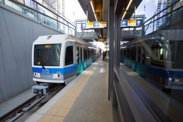 An LRT train leaves the MacEwan station heading towards Churchill Station during a media tour of the new Metro LRT line in Edmonton, Alta., on Thursday September 3, 2015. The LRT extension will open on Sunday, Sept. 6 cost a total of $665 million to build and connects Churchill Station to NAIT. Ian Kucerak/Edmonton Sun/Postmedia Network