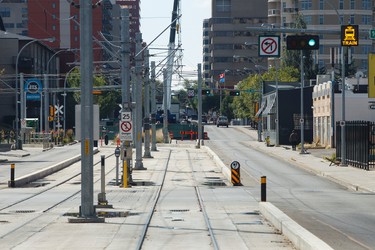The view of the tracks is seen as an LRT approaches the MacEwan station on the southbound track during a media tour of the new Metro LRT line in Edmonton, Alta., on Thursday September 3, 2015. The LRT extension will open on Sunday, Sept. 6 cost a total of $665 million to build and connects Churchill Station to NAIT. Ian Kucerak/Edmonton Sun/Postmedia Network