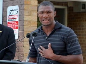 Troy Ross, uncle of slain teenager Lecent Amos-Ross, speaks to media on Thursday, Sept. 3, 2015, about a new partnership between Crime Stoppers and Toronto Community Housing. (NICK WESTOLL/Toronto Sun)