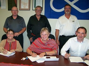 Sitting from left to right: Juliette Denis, PCMNO Regional Councillor for Region 5, France Picotte, Chair of the Metis Nation of Ontario and Robert Nowak, Deputy Project Manager for the KGHMI Victoria Mine Project. Standing from left to right: Nelson Montreuil, President of the Mattawa Metis Council, Richard Sarazin, President of the Sudbury Metis Council and Region 5 Captain of the Hunt and Marc Laurin, President of the North Bay Metis Council