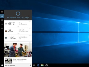 This screen shot provided by Microsoft shows Cortana, Microsoft’s voice-activated digital assistant, left, in Windows 10. Microsoft’s new Windows 10 system offers more personalization than before, but it also collects more data than people might be used to on PCs, from contacts and appointments to their physical location and even Wi-Fi passwords. (Microsoft via AP)