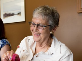 Adrienne Campbell knits during the Craft Circle at Stony Plain Public Library on Thursday, Aug. 27. Women meet every Thursday for Craft Circle to sew, knit and quilt.